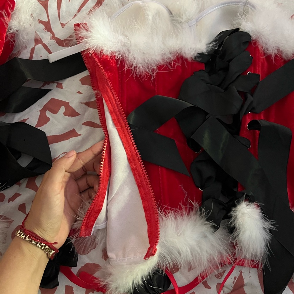 Red and Black Corset with White Fur Trim